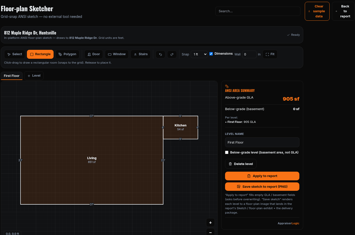AppraiserLogic built-in grid-snap floor-plan sketcher with live ANSI area summary